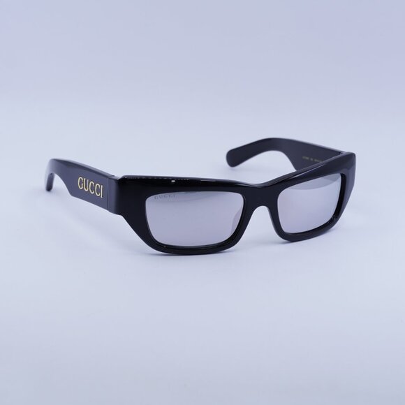 Gucci GG1296S 002 Sunglasses Shiny Black Rectangle Frame, Grey Lenses - Picture 4 of 10